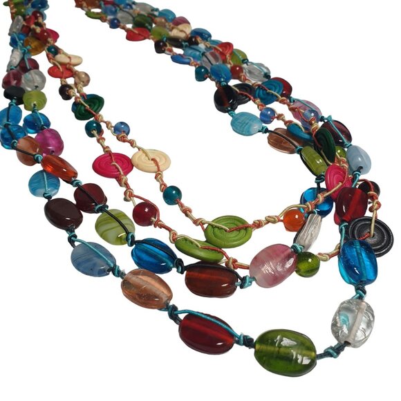 Colorful BOHO Beaded Necklace Glass Wooden 4 Layer Lobster Clasp Beach Core - Picture 2 of 4